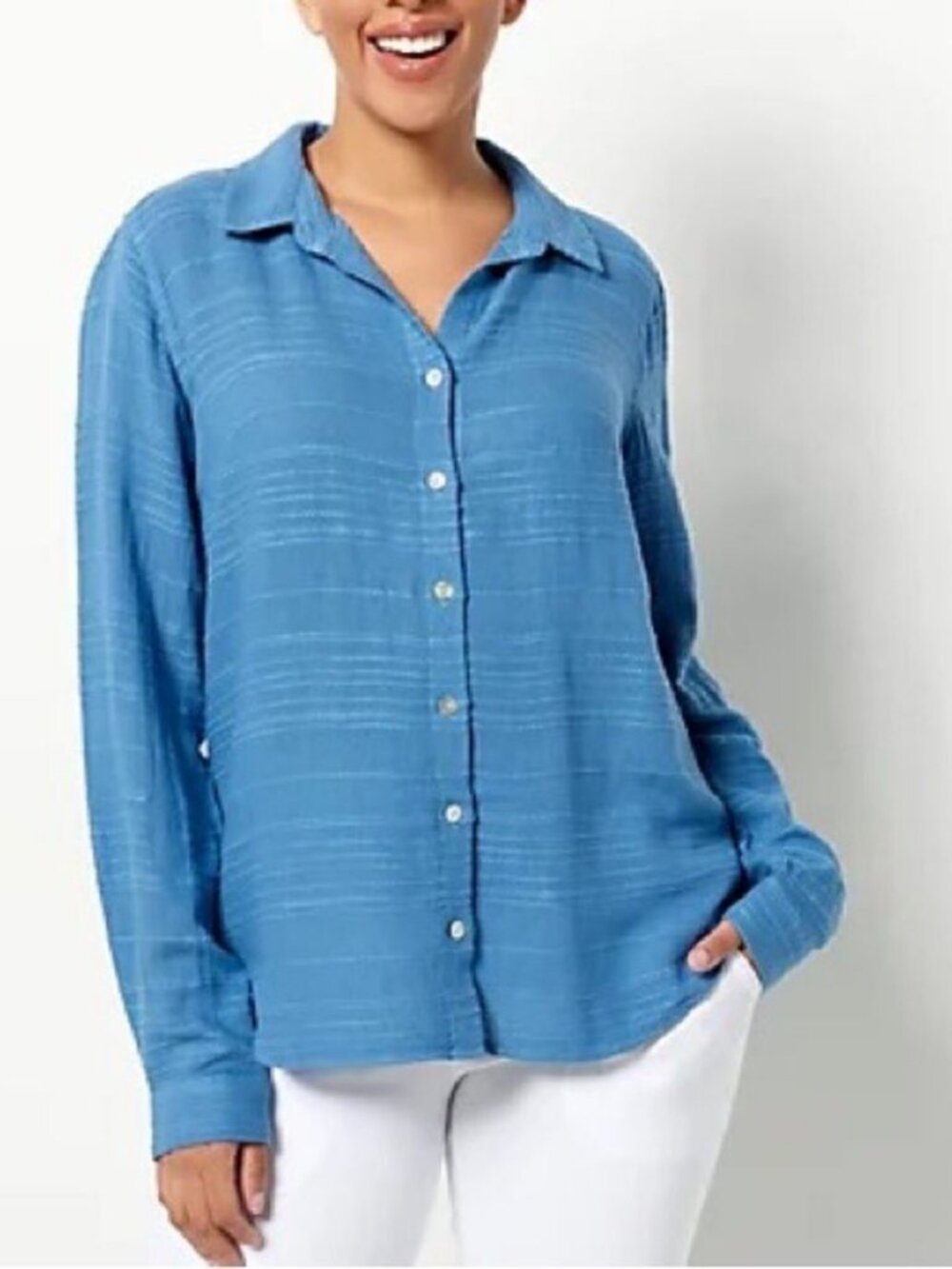 Side Stitch Petite Soft-Textured Slub Stripe Button-Down Top